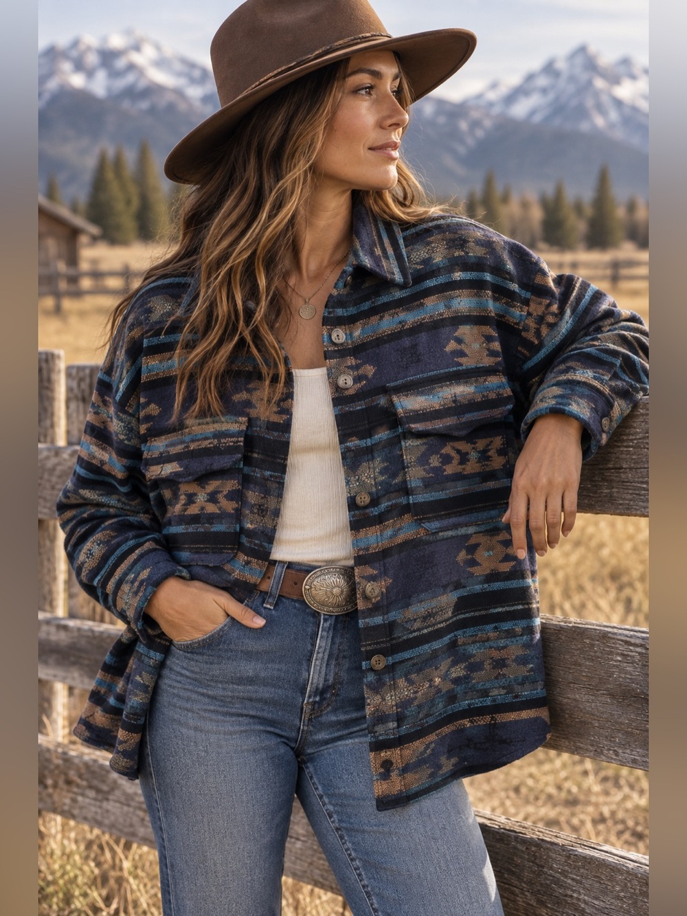 Blue Pepper Southwestern Aztec Print Button-Front Shirt Jacket
